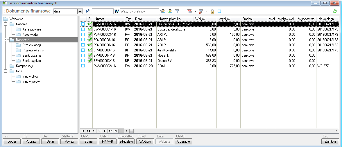 2. Utworzenie nowych operacji bankowych w module Operacje handlowe -> Dokumenty finansowe na podstawie przetworzonych przez plugin transakcji finansowych.