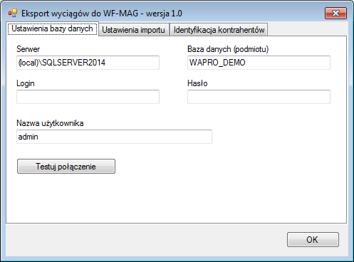 4. Zaznacz pozycję Eksport wyciągów do WF-Mag na liście dostępnych pluginów. 5. Naciśnij przycisk >>, aby aktywować konfigurację pluginu. 6. Dokonaj szczegółowej konfiguracji pluginu wg.