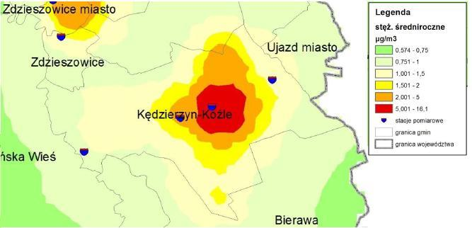 Stężenia benzo(α)pirenu, pochodzącego przede wszystkim ze spalania paliw stałych, wykazują wyraźny wzrost występowania wysokich stężeń (przekroczeń) w miesiącach chłodnych, co jest związane częściowo