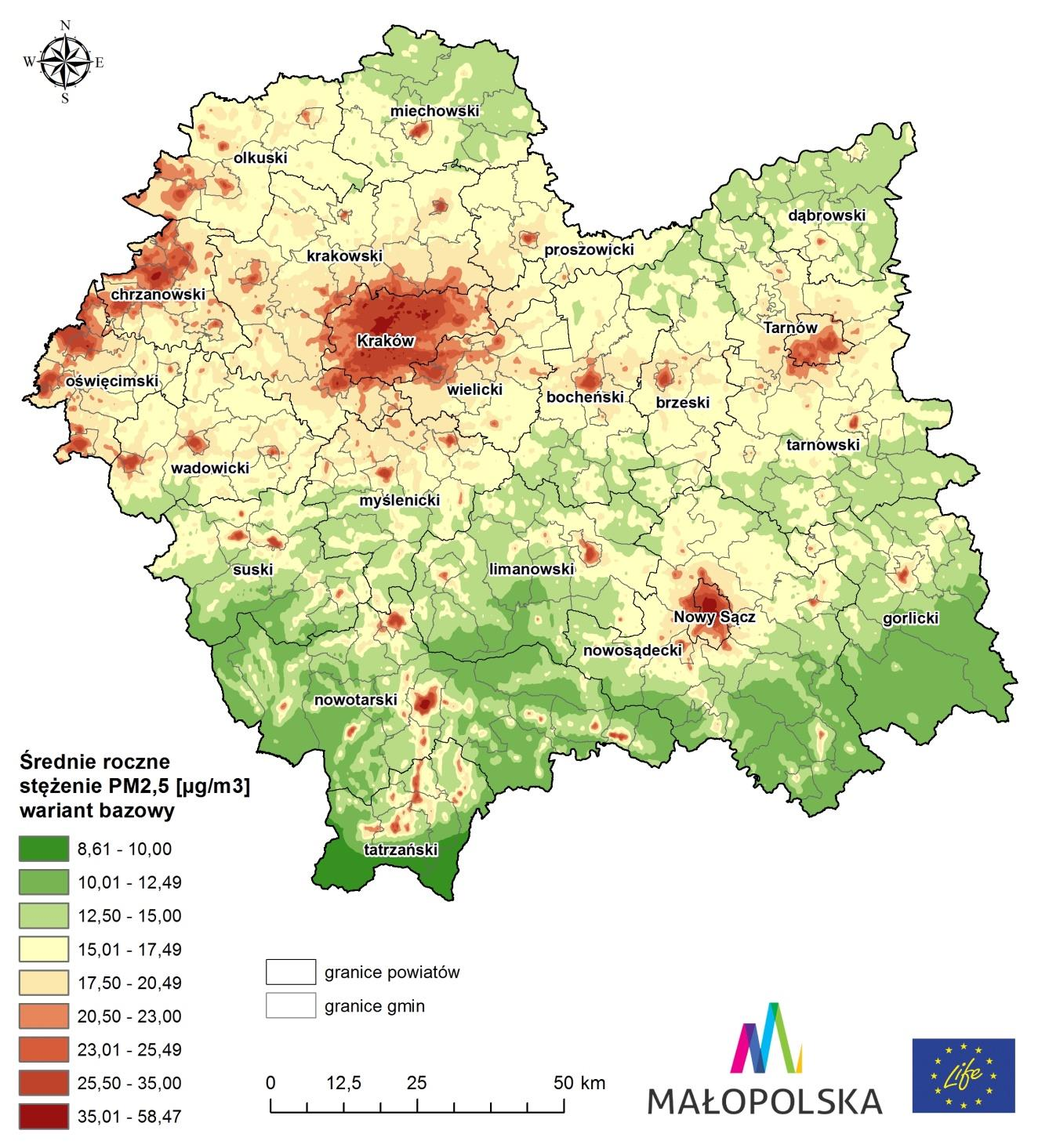 Obszary występowania przekroczeń Przekroczenia stężeń średniorocznych pyłu PM2,5 (powyżej 20 µg/m 3 ) wystąpiły w: Przekroczenia stężeń - średniorocznych Brzeszcze pyłu PM2,5 - (powyżej Kęty 25 µg/m