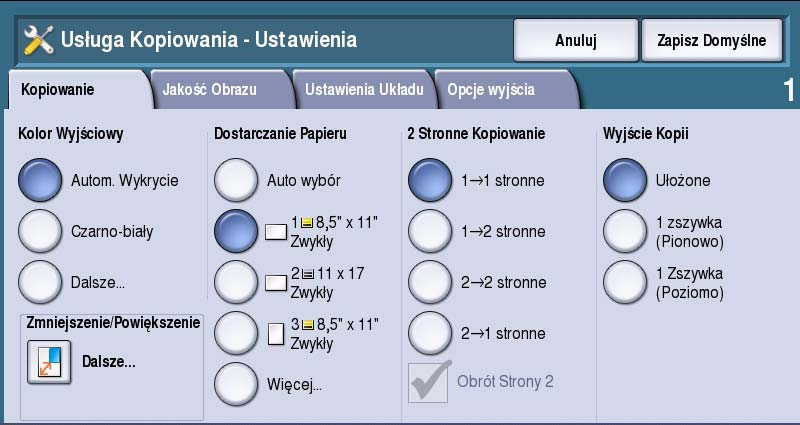 Serwis - ustawienia Serwis - ustawienia Opcja Serwis - ustawienia pozwala dostosować opcje poszczególnych usług, jak kopiowanie, faksowanie czy drukowanie.