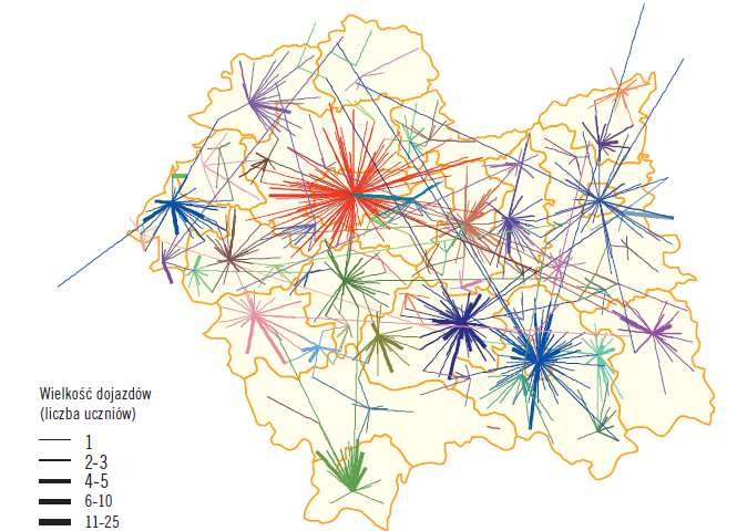 Źródło: Opracowanie WUP w Krakowie Przestrzenne uwarunkowania karier szkolnych i dalszych losów absolwentów 2013 Mapa dojazdy uczniów do zasadniczych szkół zawodowych Źródło: Opracowanie WUP w