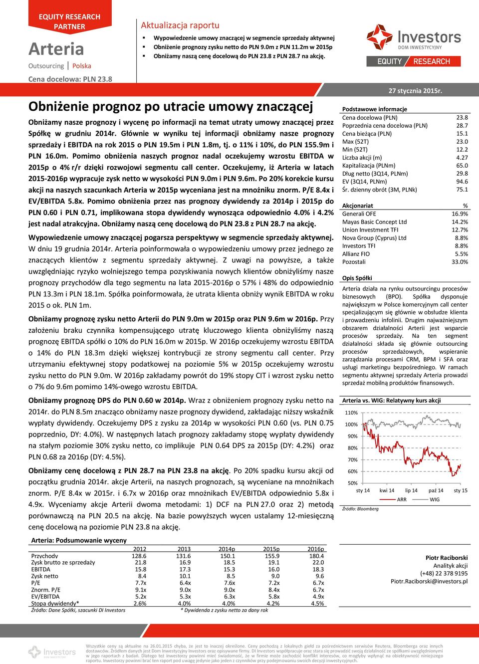 Obniżenie prognoz po utracie umowy znaczącej Obniżamy nasze prognozy i wycenę po informacji na temat utraty umowy znaczącej przez Spółkę w grudniu 2014r.