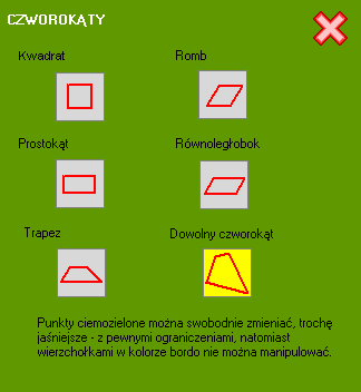 Program: Moduł dodatkowy Własności czworokątów zestawienie Do rozwiązywania zadań moŝna wykorzystać program Czworokąty. Zadania: 1. Uzupełnij tabelkę, w wolne pola naleŝy wpisać tak lub nie.