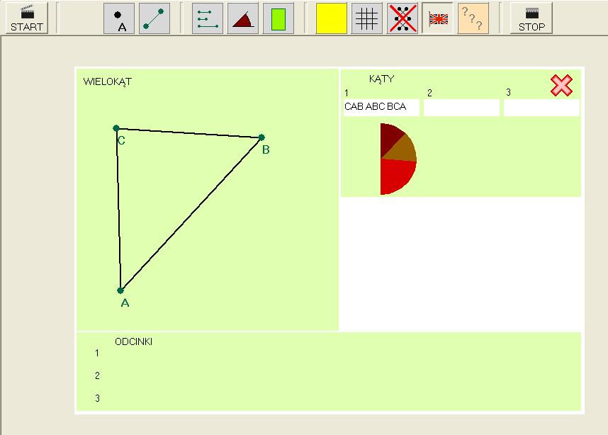 Suma kątów w trójkącie Krok 3 Klikamy na ikonę odłóŝ kąt i odkładamy kolejno na tym samym kącie trzy kąty wewnętrzne trójkąta.