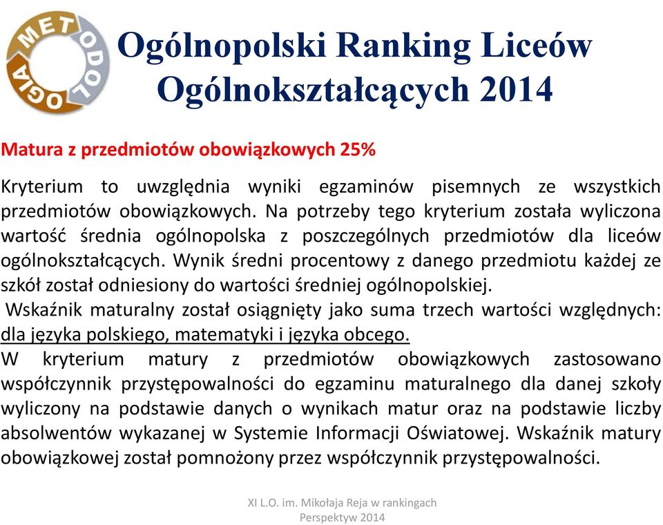 Wynik średni procentowy z danego przedmiotu każdej ze szkół został odniesiony do wartości średniej ogólnopolskiej.