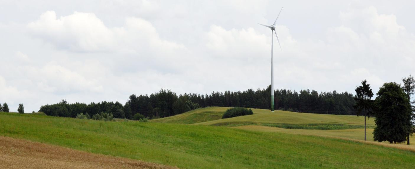 Fotografia 1. Widok na elektrownię wiatrową z drogi położonej na południe. Odległość ok.