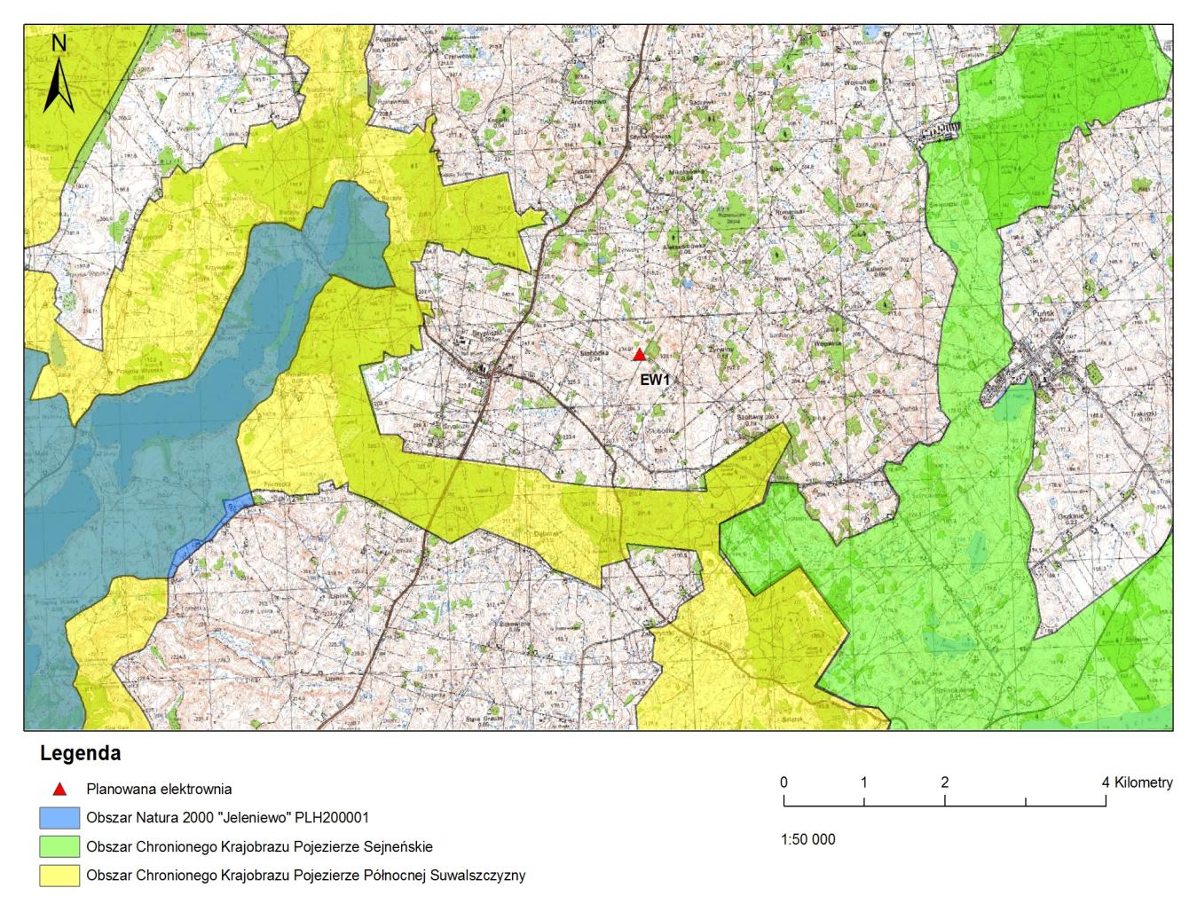 obszarów łąk, zbiorników wodnych oraz kompleksów leśnych. Cały obszar zagospodarowany jest w sposób intensywny. W odległości do 4 km od powierzchni inwestycyjnej nie ma jezior. Rysunek 2.