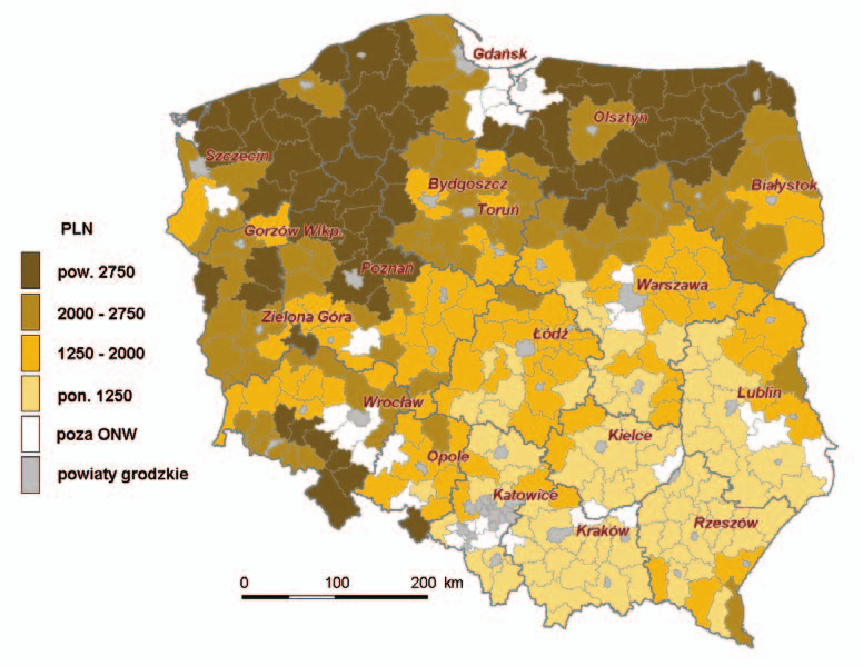 wpływy do budżetu gminnego wynikające z niskiego potencjału gospodarczego wyznaczonego obszaru. Rys. 16.