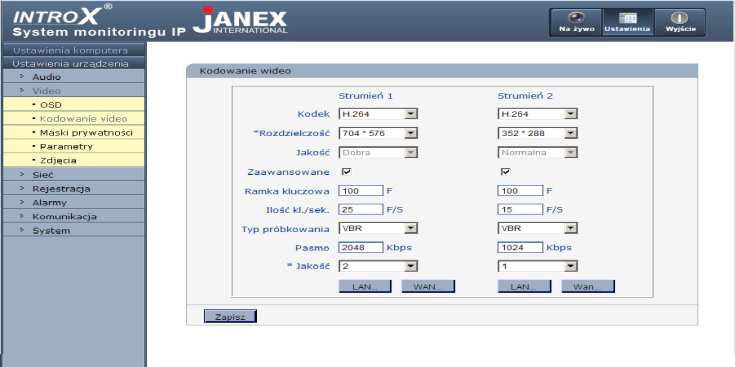 Kodowanie video Zakładka VIDEO 4 5 Jest to bardzo ważna część ustawień gdyż definiuje się w tym miejscu parametry strumieni video, które potem wykorzystujemy do podglądu i zapisu. 4. Ustawienie kodowania strumienia 1.