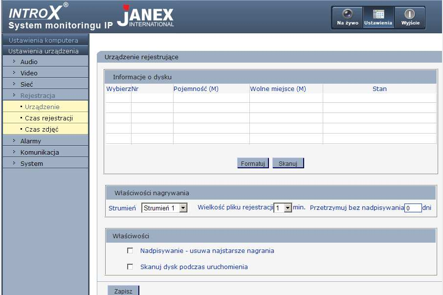 Urządzenie REJESTRACJA W części Informacje o dysku pojawia się informacja o karcie SD włożonej do urządzenia.