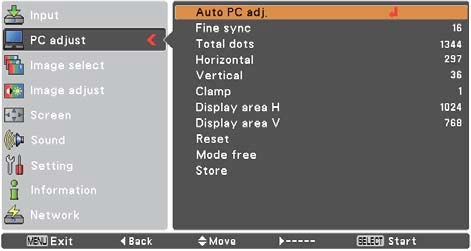 Sygnał wejściowy z komputera Autodostrojenie PC Funkcja Auto PC służy do automatycznego ustawiania takich parametrów, jak Dostrajanie, Punktów w linii, Pozycja pozioma i Pozycja pionowa, dostosowując