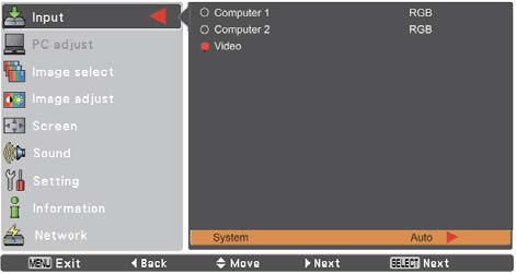 Sygnał wejściowy ze sprzętu wideo Wybór systemu sygnału ze sprzętu wideo 1 2 3 Naciśnij przycisk MENU, aby wyświetlić menu ekranowe.