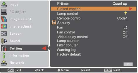 Menu Ustawienia Closed Caption Closed Caption Projektor umożliwia wyświetlanie napisów do ścieżki dźwiękowej programu lub innych informacji.