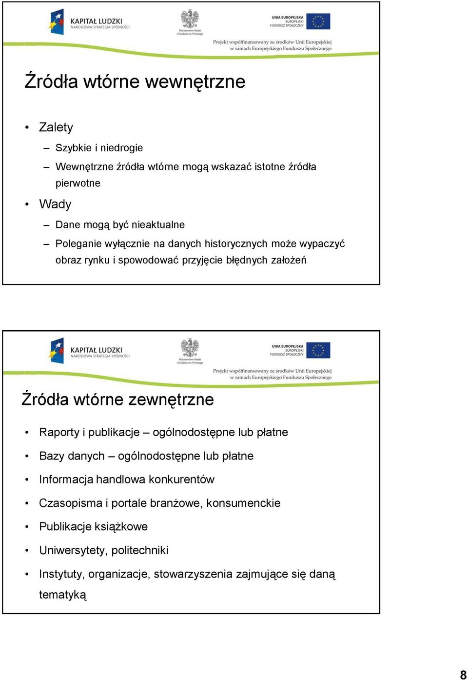 zewnętrzne Raporty i publikacje ogólnodostępne lub płatne Bazy danych ogólnodostępne lub płatne Informacja handlowa konkurentów Czasopisma