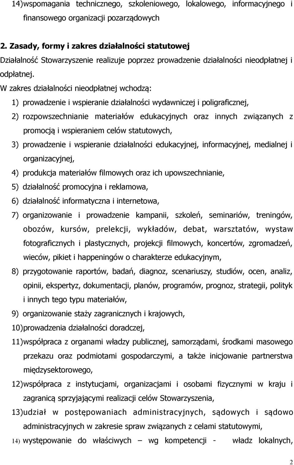 W zakres działalności nieodpłatnej wchodzą: 1) prowadzenie i wspieranie działalności wydawniczej i poligraficznej, 2) rozpowszechnianie materiałów edukacyjnych oraz innych związanych z promocją i