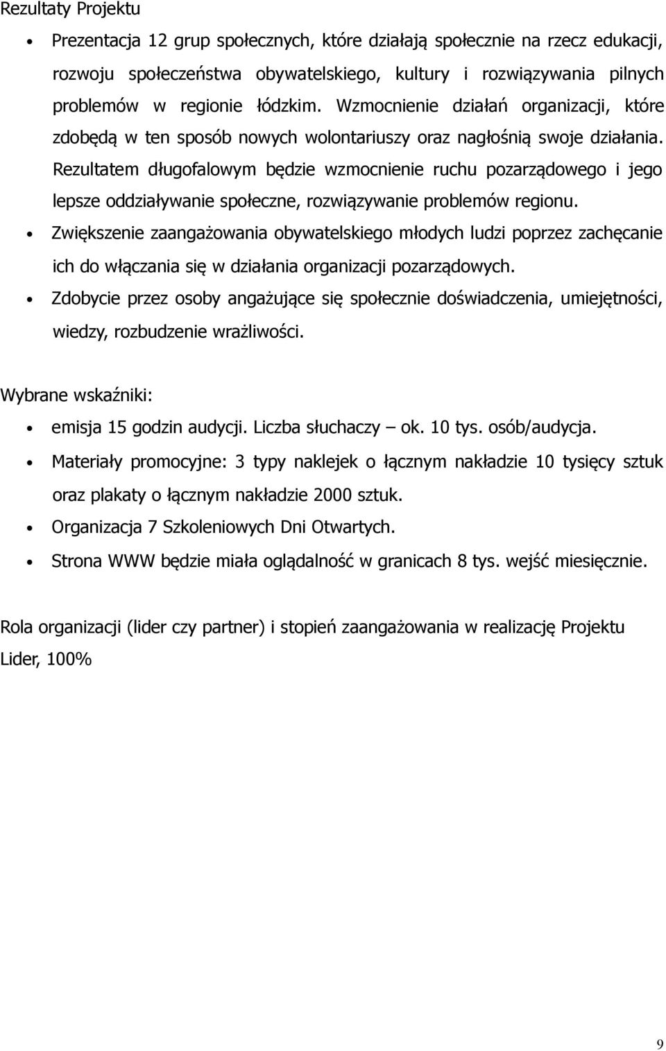 Rezultatem długofalowym będzie wzmocnienie ruchu pozarządowego i jego lepsze oddziaływanie społeczne, rozwiązywanie problemów regionu.