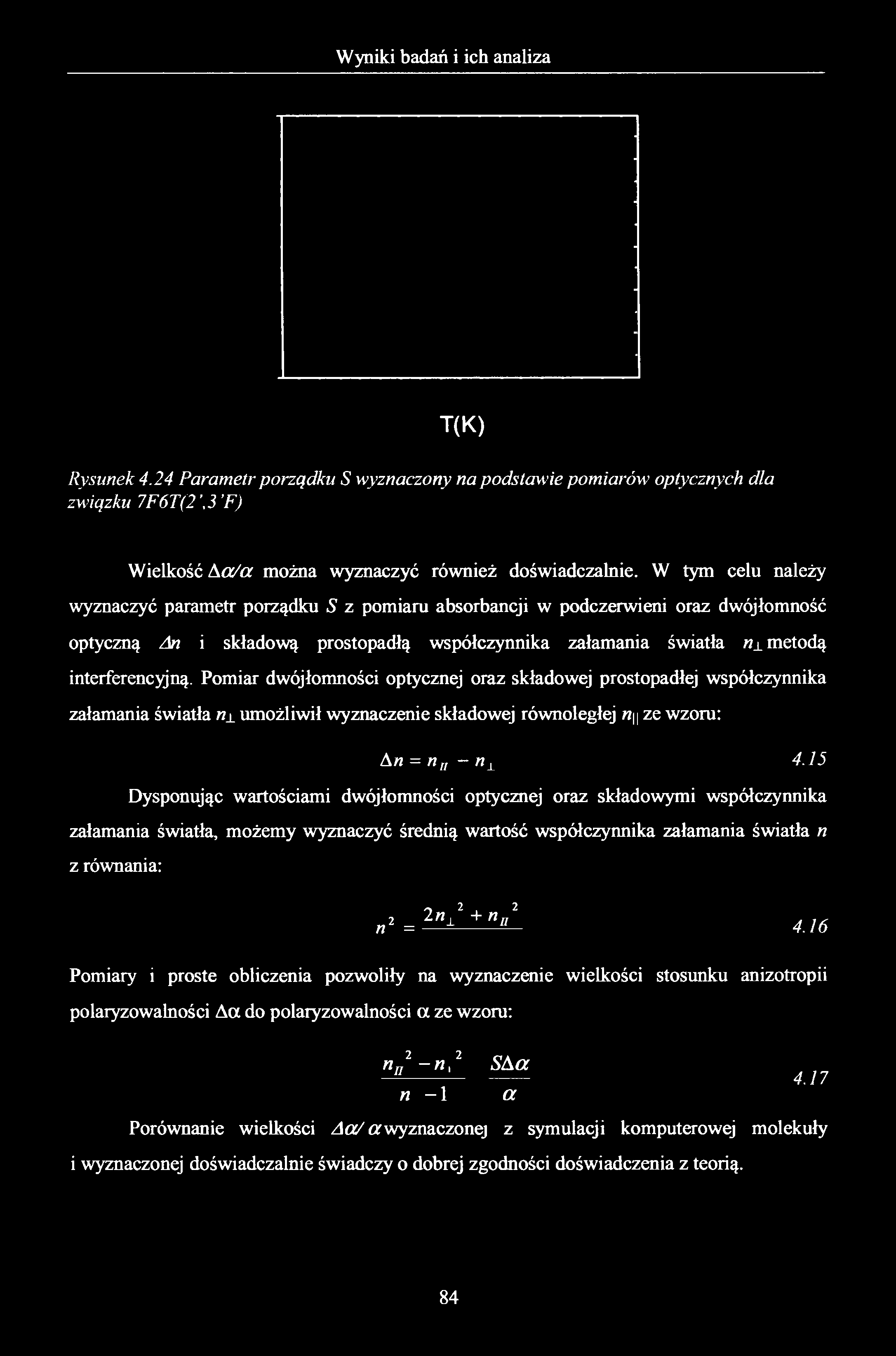 T(K) Rysunek 4.24 Parametr porządku S wyznaczony na podstawie pomiarów optycznych dla związku 7F6T(2,3 F) Wielkość A a /a można wyznaczyć również doświadczalnie.