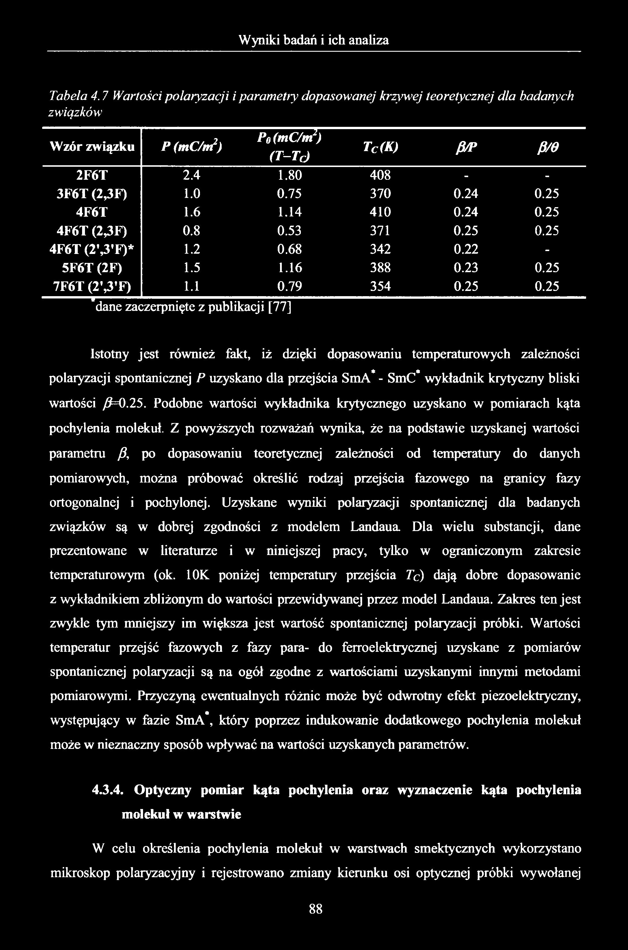 Tabela 4.7 Wartości polaryzacji i parametry dopasowanej krzywej teoretycznej dla badanych związków Wzór związku P (mc/m2) Po (mc/m2) (T-Tc) TC(K) p/p p/e 2F6T 2.4 1.80 408 - - 3F6T (2,3F) 1.0 0.