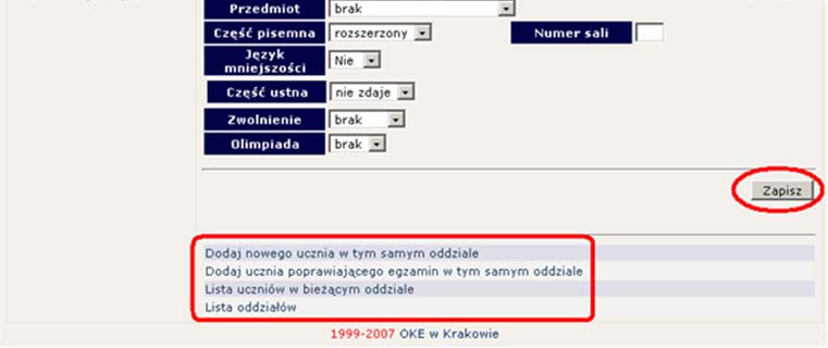 c) W celu dodania nowego ucznia do wcześniej stworzonego oddziału trzeba kliknąć odnośnik Lista uczniów znajdujący się po prawej stronie (patrz poprzedni rysunek).