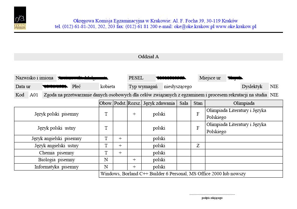 12. Wydruk danych osobowych do zatwierdzenia przez zdających Zgodnie z informacją zamieszczoną w kalendarium dyrektora szkoły, w terminie do 7 lutego 2008 roku, tj.