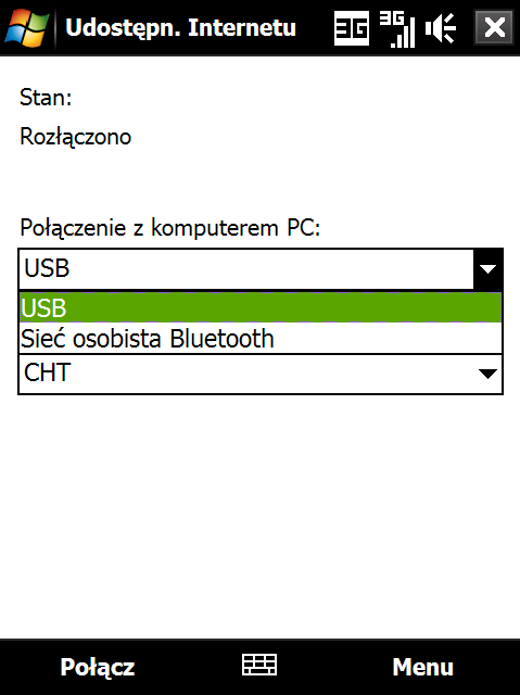 Konfigurowanie urządzenia jako modemu USB 1. W urządzeniu wybierz Start > Programs (Programy) > Udostępnianie Internetu. 2. Z listy Połączenie z komputerem PC Wybierz USB. 3.