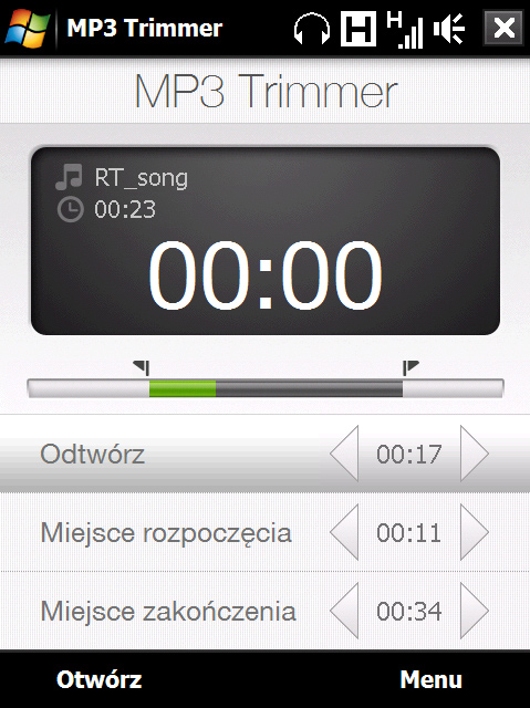 Korzystanie z multimediów 239 11.6 Korzystanie z programu MP3 Trimmer Program MP3 Trimmer służy do przycinania plików MP3. Przycięty plik można zapisać jako nowy plik lub ustawić jako dzwonek.