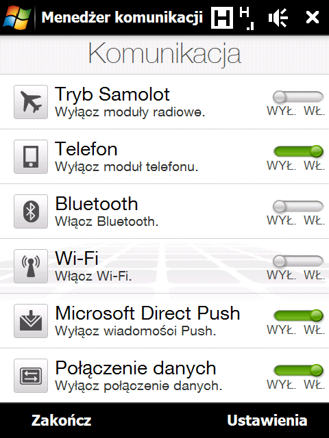 258 Programy 12.6 Comm Manager Program Comm Manager to centrum, w którym możesz z łatwością włączać i wyłączać funkcje komunikacji urządzenia, np. telefon, Wi-Fi, połączenie danych, Bluetooth itp.