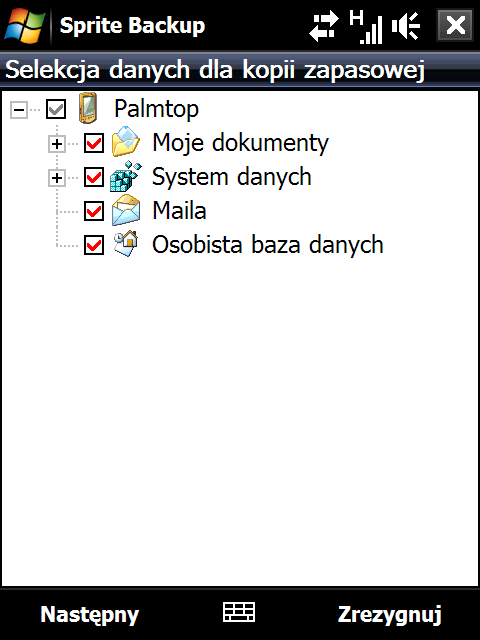 2. Na głównym ekranie programu Sprite Backup wybierz opcję Kopia zapasowa. Programy 271 3. Na karcie Wybór danych do zapisana widoczne jest drzewo danych i plików w urządzeniu.