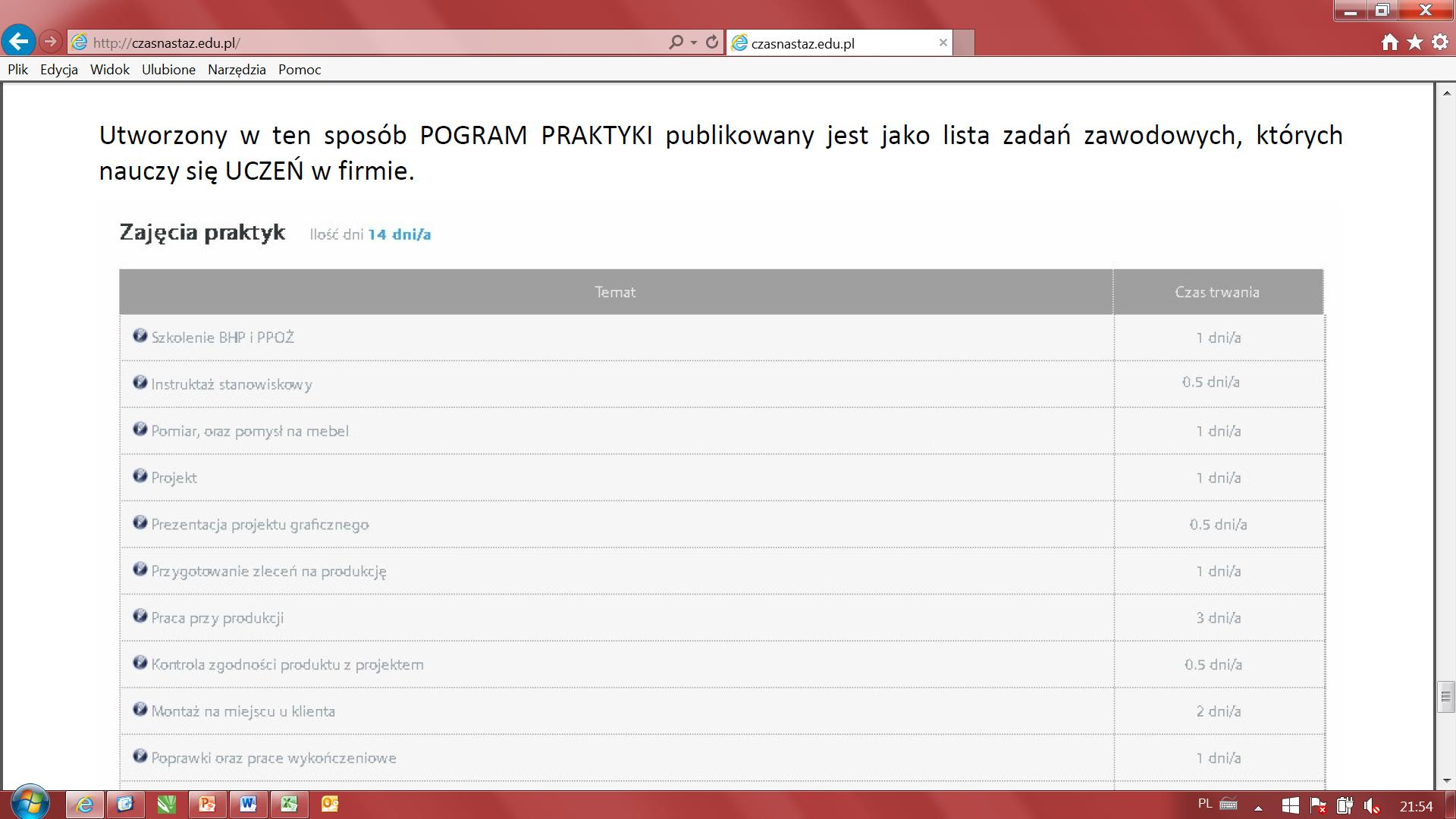 Czas na STAŻ Każdy program stażu złożony jest z zadań zawodowych, z