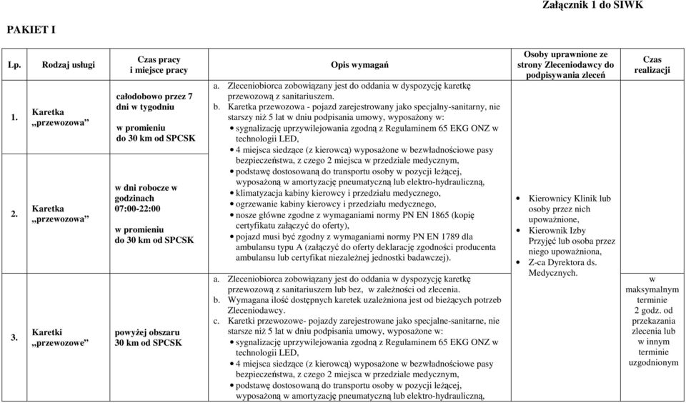 promieniu do 30 km od SPCSK powyżej obszaru 30 km od SPCSK Opis wymagań a. Zleceniobiorca zobowiązany jest do oddania w dyspozycję karetkę przewozową z sanitariuszem. b.