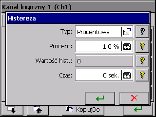 Procent (dla typu Procentowa i Procentowa Wył.) edycja wartości w procentach zakresu kanału Wartość hist. (dla typu Wartość i Wartość Wył.