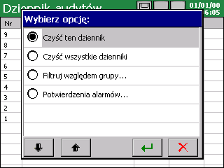 W Dzienniku audytów zapisywane są informacje dotyczące bieżącej obsługi rejestratora: rodzaj zdarzenia, czas i data wystąpienia. Maksymalna pojemność dziennika audytów to około 900 wpisów.