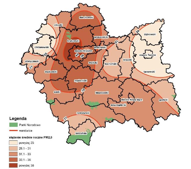 Pył PM2,5 Rysunek 6. Stężenie średnioroczne pyłu PM 2.5 [µg/m³] Źródło: WIOŚ Kraków, Ocena jakości powietrza w województwie małopolskim w 2014 r.