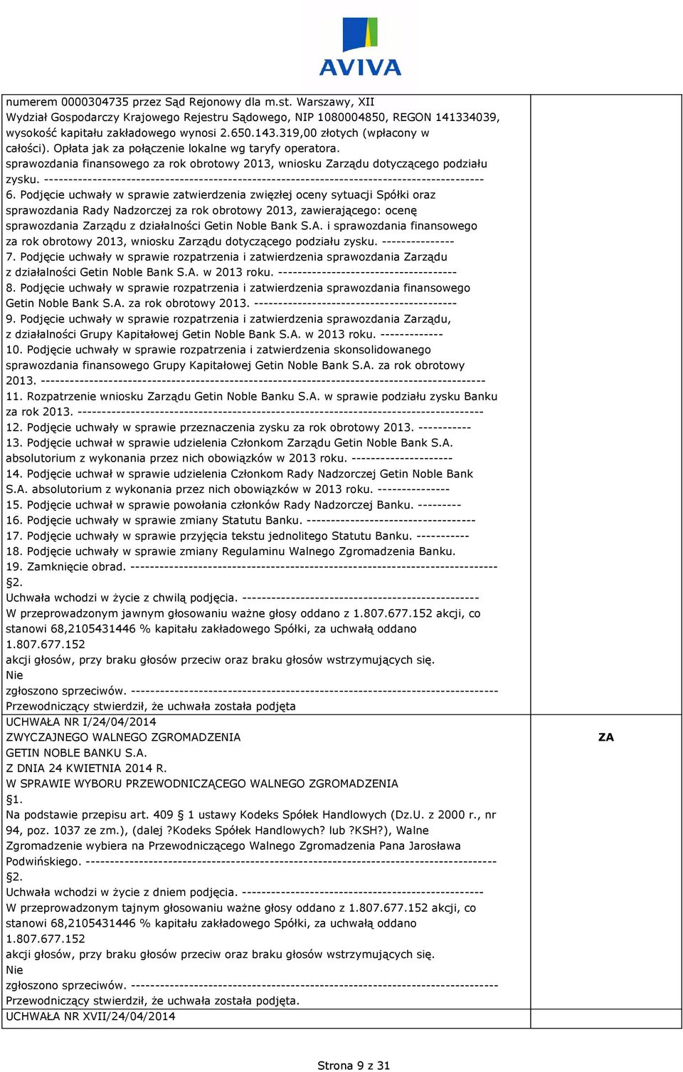 Bank S.A. i sprawozdania finansowego za rok obrotowy 2013, wniosku Zarządu dotyczącego podziału zysku. --------------- 7.