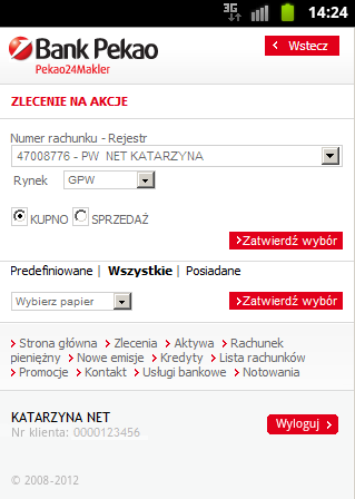 Predefiniowane, Wszystkie, Posiadane wybierając jedną z tych opcji można zawęzić listę instrumentów finansowych wyświetlanych w polu Wybierz papier, Predefiniowane to lista do 20 instrumentów