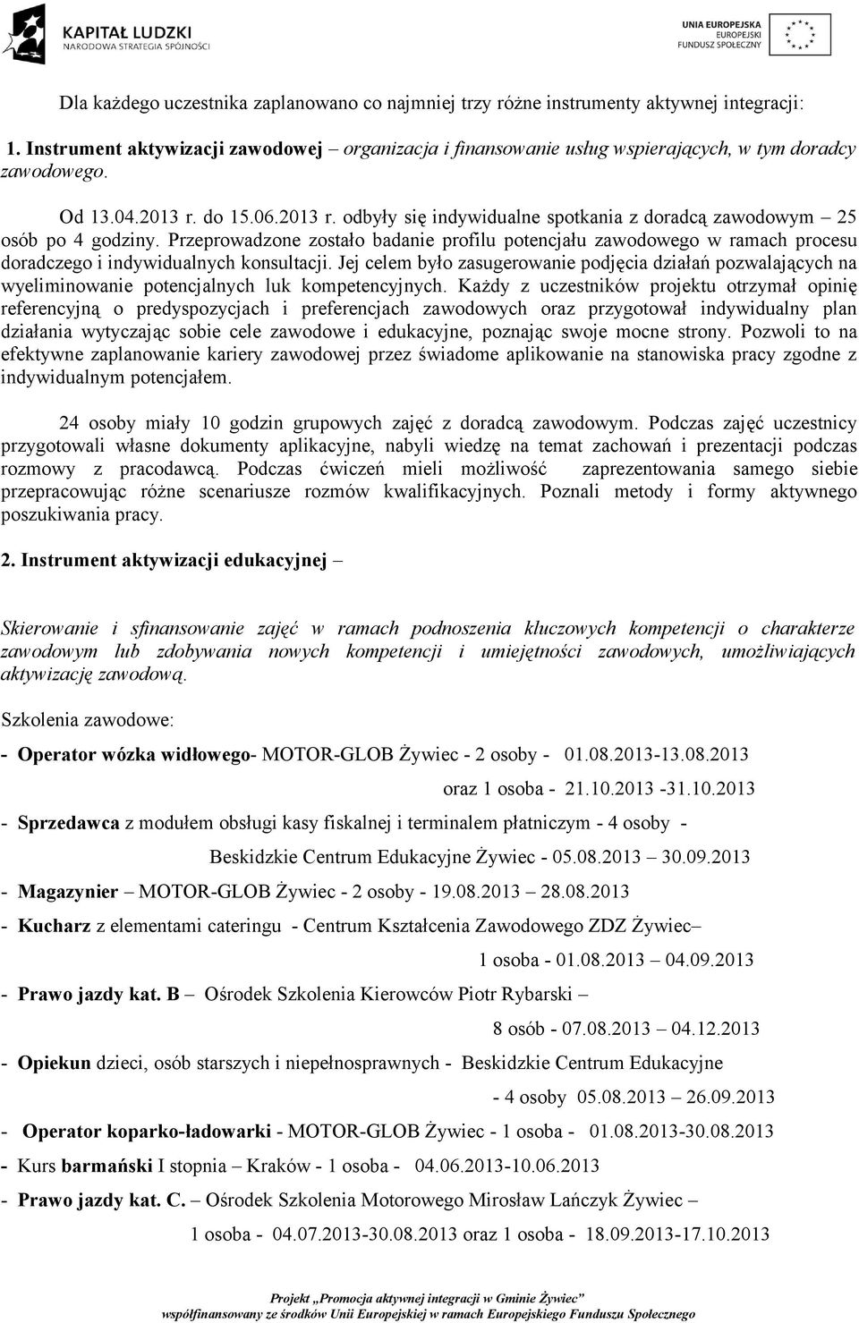 Przeprowadzone zostało badanie profilu potencjału zawodowego w ramach procesu doradczego i indywidualnych konsultacji.