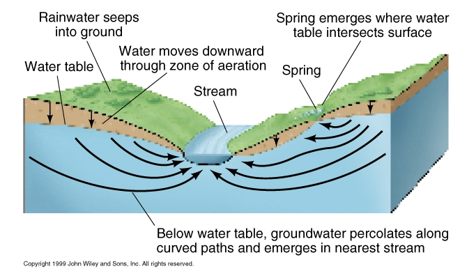 Wsiąkanie wód opadowych w grunt Woda gruntowa Ruch wody wsiąkanie wody) przez strefę areacji Źródełko wybija w miejscu gdzie poziom wody gruntowejosiąga