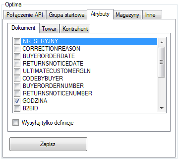 Po wybraniu grupy należy kliknąć Zapisz. 3.4.1. Wybór atrybutów Na zakładce Atrybuty należy wybrać, jakie atrybuty mają zostać wysyłane do panelu B2B.