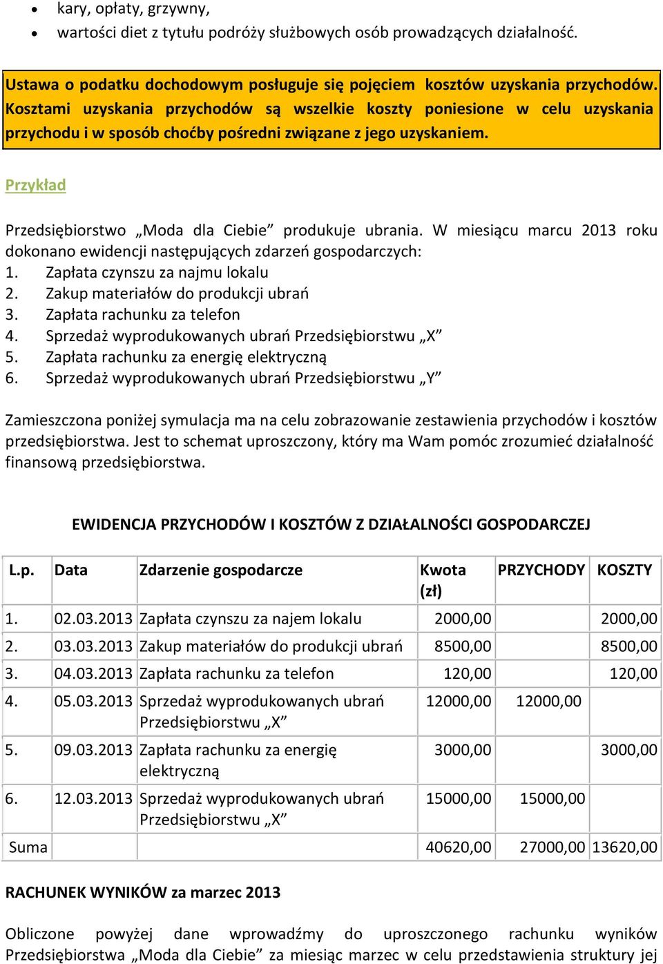 Przykład Przedsiębiorstwo Moda dla Ciebie produkuje ubrania. W miesiącu marcu 2013 roku dokonano ewidencji następujących zdarzeń gospodarczych: 1. Zapłata czynszu za najmu lokalu 2.