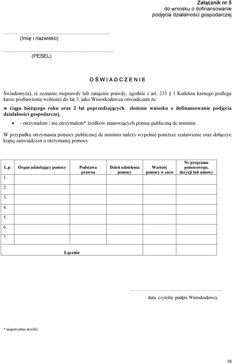 233 1 Kodeksu karnego podlega karze pozbawienia wolności do lat 3, jako Wnioskodawca oświadczam że: w ciągu bieżącego roku oraz 2 lat poprzedzających działalności gospodarczej.