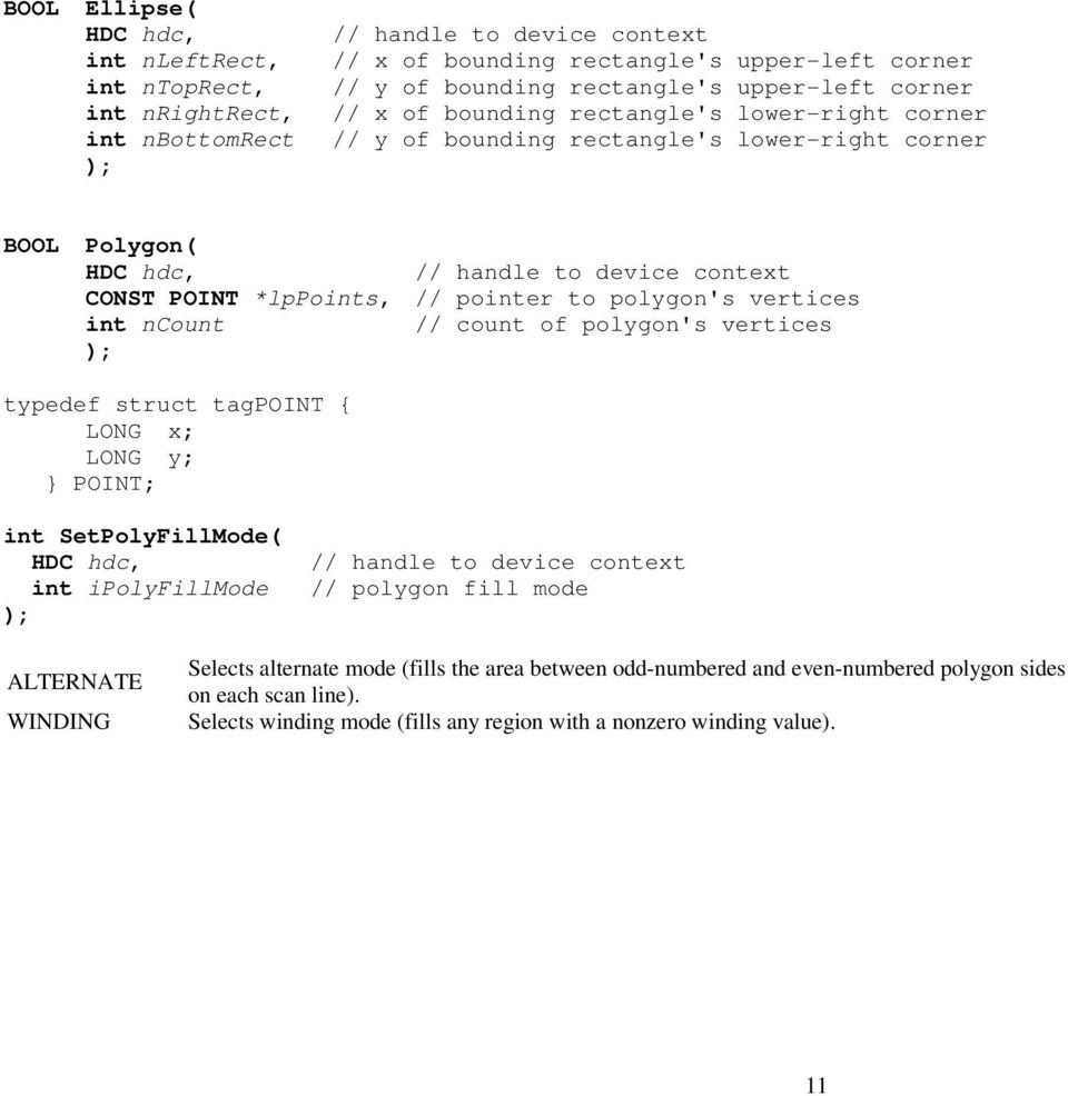 ncount // count of polygon's vertices typedef struct tagpoint { LONG x; LONG y; } POINT; int SetPolyFillMode( int ipolyfillmode // polygon fill mode ALTERNATE WINDING