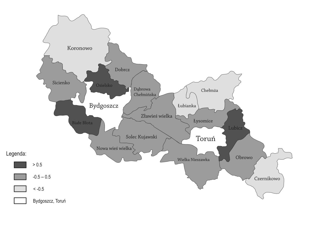 Łubianka 63 779 70,6 8 Łysomice 84 1037 69,1 13 Obrowo 69 884 69,8 42 Wielka Nieszawka 96 2213 20,0 25 Zławieś Wielka 77 981 67,2 15 Powiat toruński 74 1073 71 15 Źródło: Opracowanie własne na