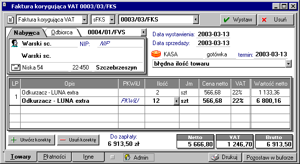 Sprzedaż 125 Rys. 3-9 Okno dokumentu korygującego.