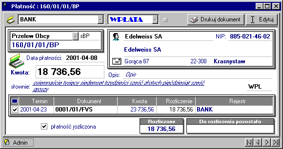 Rozliczenia finansowe 137 Rys. 4-5 Okno płatności. Numer dokumentu Numer dokumentu nadawany jest przez program automatycznie, na podstawie szablonu określonego w ustawieniach programu.