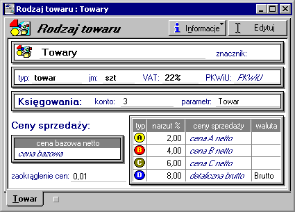 56 Podstawowe wiadomości o programie Rys. 1-21 Okno definiowania rodzaju towaru. Typ W polu tym można określić, czy rejestrowany towar będzie interpretowany jako towar, usługa, czy zestaw.