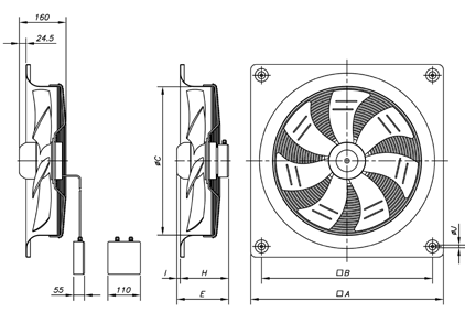 HCRE HCRE Osiowe wentylatory ścienne z wirnikiem z blachy stalowej, o niskim poziomie hałasu, wyposażone w silnik z zewnętrznym rotorem Wentylator: Rama nośna z blachy stalowej Wirnik z blachy