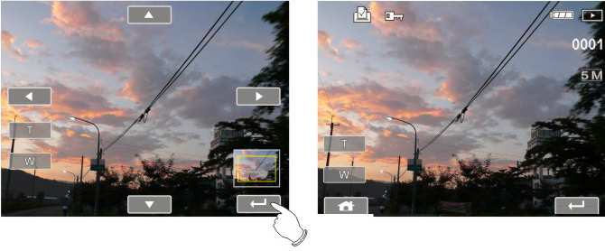 3 Nacisnąć przycisk Zoom ( ) lub dotknąć ekranu, aby wybrać przycisk Zoom ( ), co pozwoli na powiększenie lub pomniejszenie obrazu. Nacisnąć przycisk trybu Mode ( obraz.