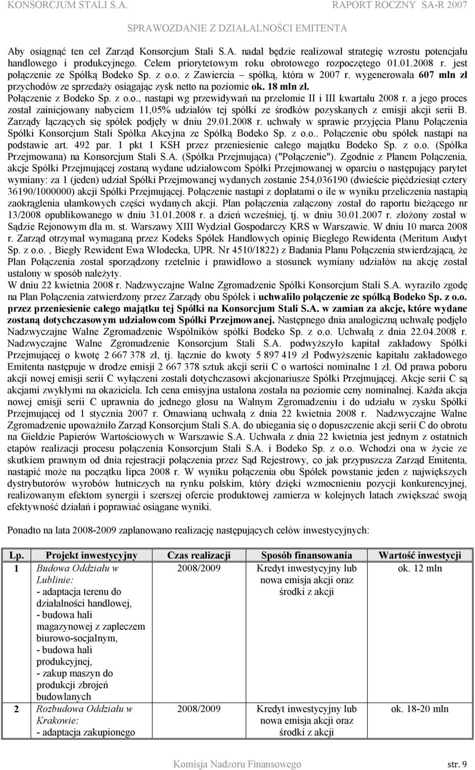 z o.o., nastąpi wg przewidywań na przełomie II i III kwartału 2008 r. a jego proces został zainicjowany nabyciem 11,05% udziałów tej spółki ze środków pozyskanych z emisji akcji serii B.