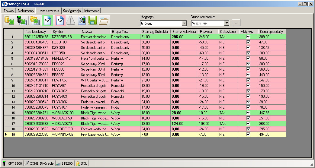 Przykładowy ekran po pobraniu danych: Wiersze w kolorze zielonym oznaczają nadwyżkę danego towaru wobec teoretycznego stanu magazynowego (pozycje te znajdą się w dokumencie PW).